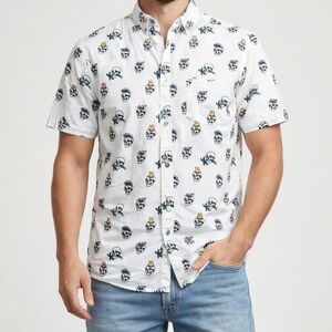 VSTR Skull Print Button Shirt Mens Large White 100% Cotton Rockabilly *SEE PICS*